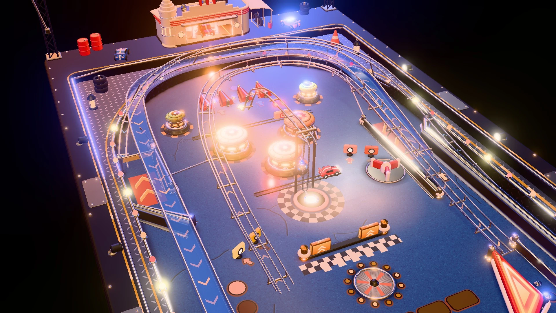 Flip Flap key art: the 3D pinball table at night, chrome rails, glowing bumpers and the garage at the top