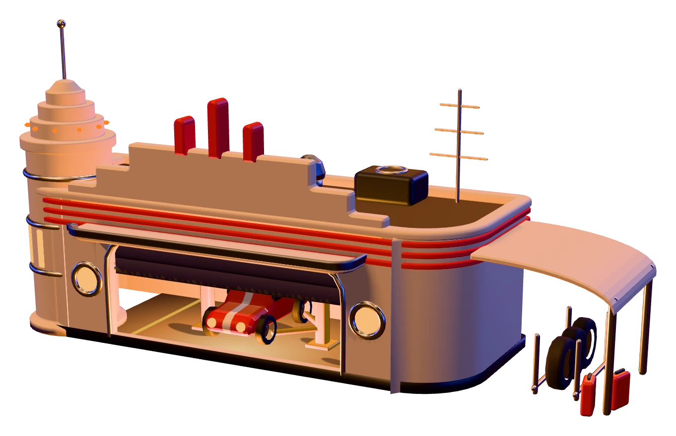 The garage model from the table: a streamline building with a red car inside