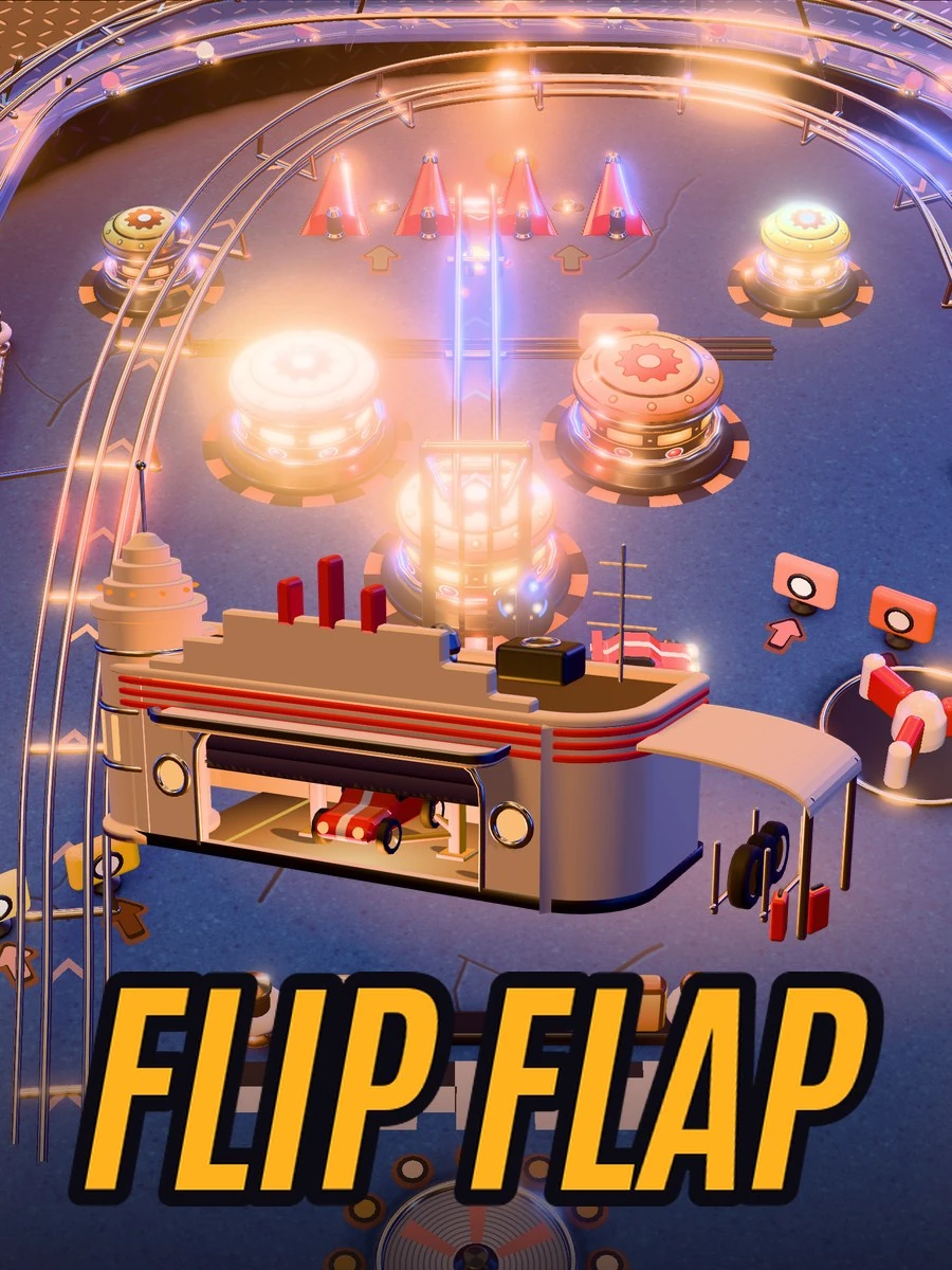 Flip Flap poster: the garage building over the bumpers, FLIP FLAP in yellow letters