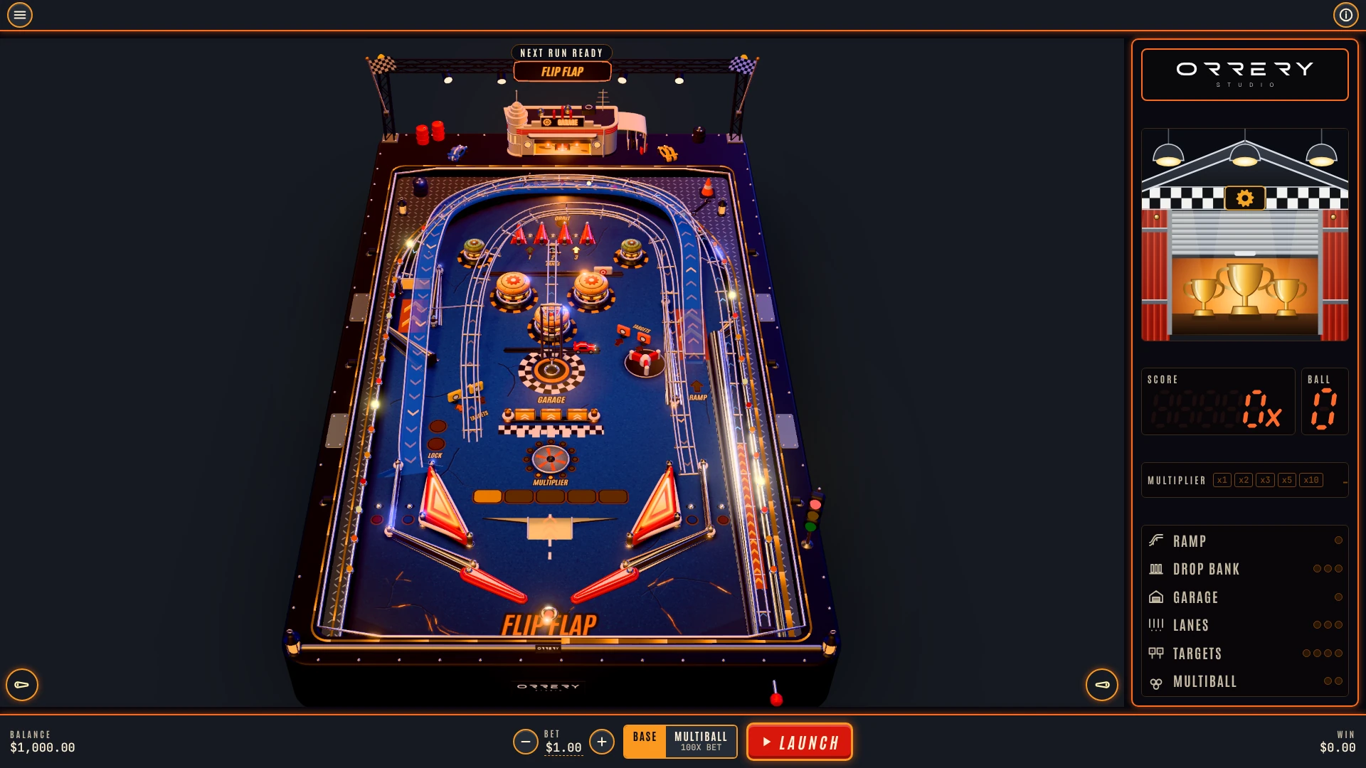 The game on desktop before a play: 3D table, score panel with multiplier and feature lights, bet and mode controls
